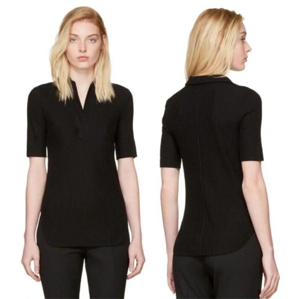Helmut Lang Black Cotton Ribbed Knit Short Sleeve Polo Top Women's Size Small